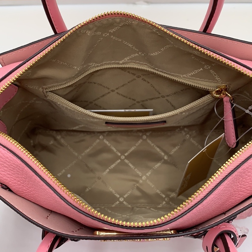 MICHAEL KORS Mercer Sm TZip Logo Leather Belted Satchel Crossbody Carnation - Picture 13 of 16